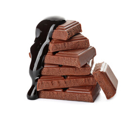 Sweet chocolate pieces on white background