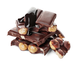 Sweet chocolate pieces on white background