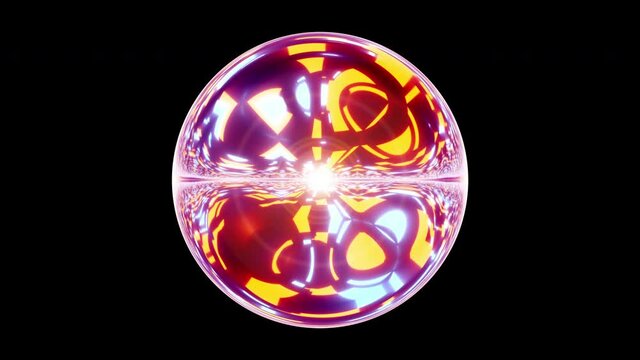 Glowing neon orange blue light sphere. Abstract digital electronic light globe hypnotic ball, Modern cyber techno ball, abstract background, looped animation. 4K Abstract Hi-tech Futuristic 3D Circle.