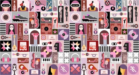Gordijnen Popart achtergrond. Popart vector collage van mensen avatars, verschillende objecten en abstracte vormen. ©  danjazzia