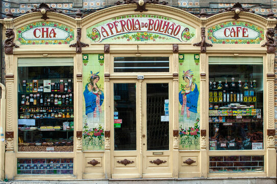 Porto, Portugal. june 18, 2014: advertising and sign of A Perola do Bolhao grocery store. This shop is decorated in the Art-Nouveau style and sell traditional Portuguese products