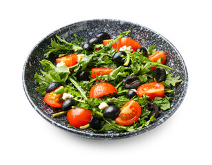 Plate with arugula salad on white background