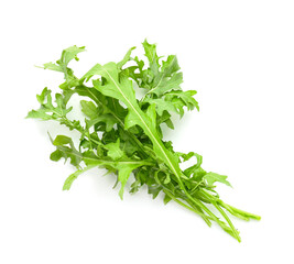 Heap of fresh arugula on white background