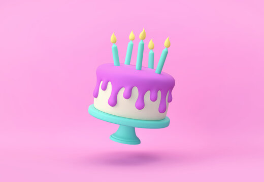 Cartoon cake with candles isolated on pink background. Clipping path included