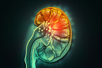 Kidney stones medical concept. Cross section. 3d illustration