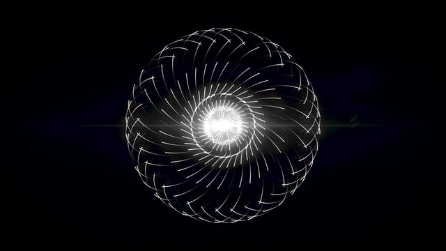 Abstract core spreading energy around it on black background, seamless loop. Animation. Impulses flying around shining sphere.