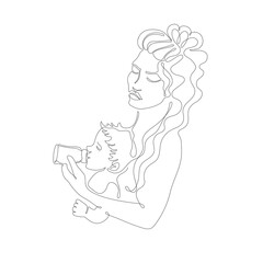 Mother with baby line art, tired mom feeding child, exhausted lady holding kid, motherhood illustration, single line vector hand drawn art, stay at home mother in depression to help and support