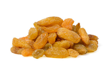 Dried grapes are yellow isolated on white background,