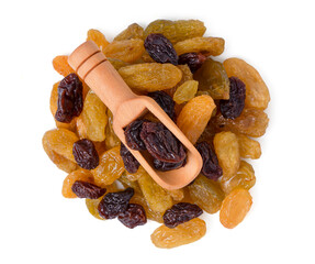 Dried grapes are yellow or black isolated on white background,