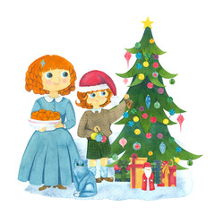 Christmas family card mom, son and cat at the Christmas tree.