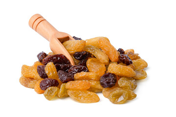 Dried grapes are yellow or black isolated on white background,