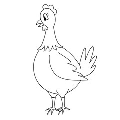 Hen. Sketch. Vector illustration. Coloring book for children. Laying hen. Rooster's wife. Outline on white isolated background. Doodle style. Festive print. Idea for web design, invitations, postcard.