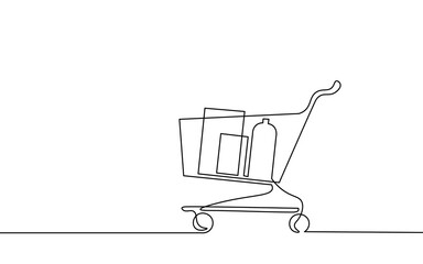 Single continuous line art shopping cart . Test system strategy concept. Online shop trade market. Buy now banner template. Design one stroke sketch outline drawing vector illustration © LuckyStep