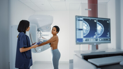 Computer Screen in Hospital Radiology Room: Beautiful Multiethnic Young Woman Standing Topless...
