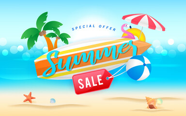 Fototapeta na wymiar Summer sale banner vector illustration. Surfboard with price tag on beautiful summer beach background