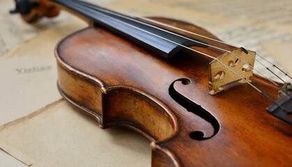 An old antique violin on a table with yellowed sheet music  close-up. © Irina