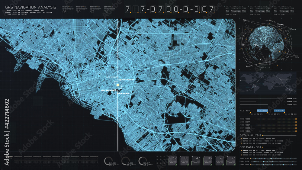 Poster Futuristic digital city map layout with satellite GPS coordinate searching and target tracking, interface head up display screen with data telemetry information for background display