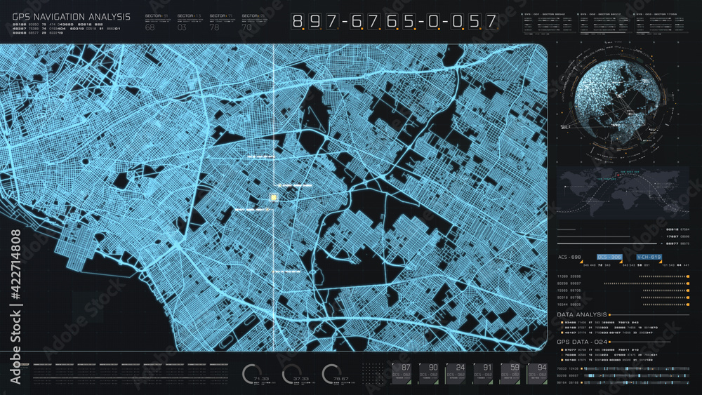 Fototapete Futuristic digital city map layout with satellite GPS coordinate searching and target tracking, interface head up display screen with data telemetry information for background display