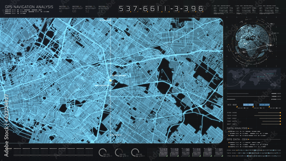 Poster Futuristic digital city map layout with satellite GPS coordinate searching and target tracking, interface head up display screen with data telemetry information for background display