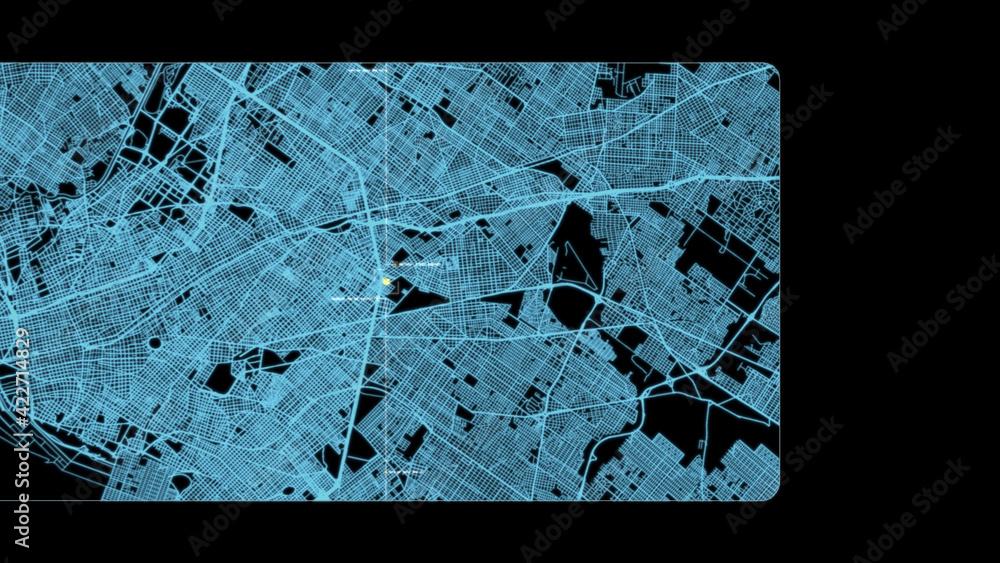 Fototapete Futuristic digital city map layout with satellite GPS coordinate searching and target tracking, interface head up display screen with data telemetry information for background display