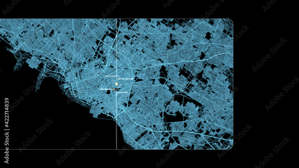 Aufkleber Futuristic digital city map layout with satellite GPS coordinate searching and target tracking, interface head up display screen with data telemetry information for background display