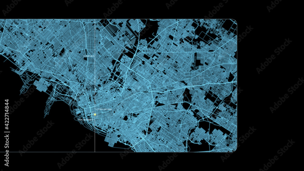 Fototapete Futuristic digital city map layout with satellite GPS coordinate searching and target tracking, interface head up display screen with data telemetry information for background display