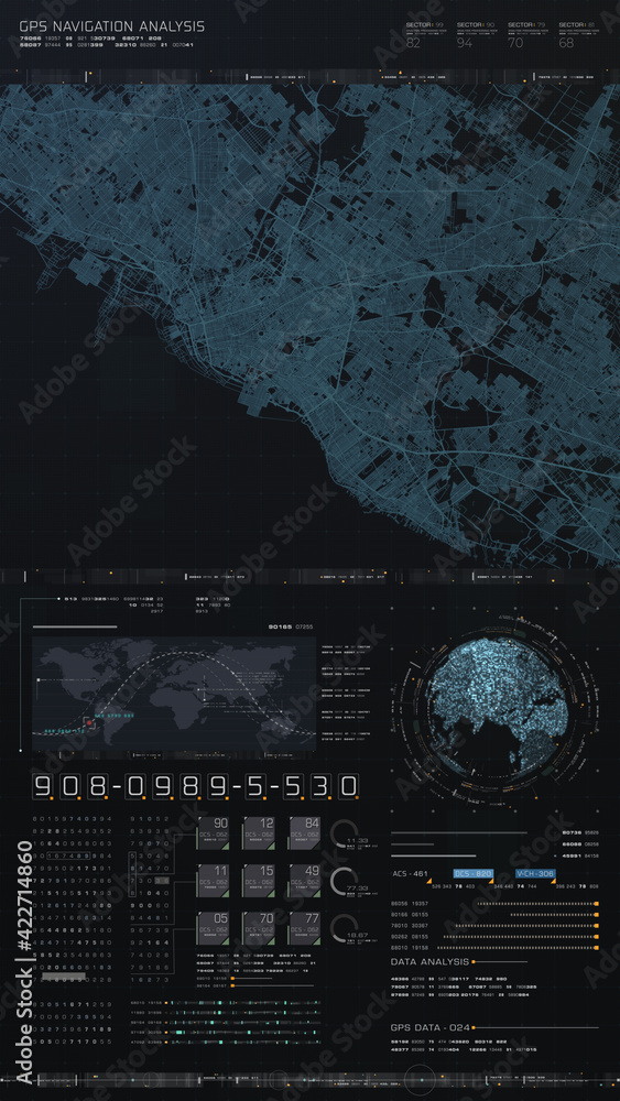Poster Futuristic digital city map layout with satellite GPS coordinate searching and target tracking, interface head up display screen with data telemetry information for background display