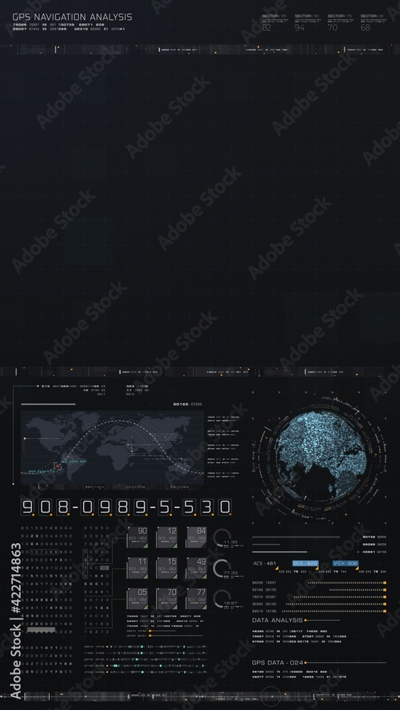 Poster Futuristic digital city map layout with satellite GPS coordinate searching and target tracking, interface head up display screen with data telemetry information for background display