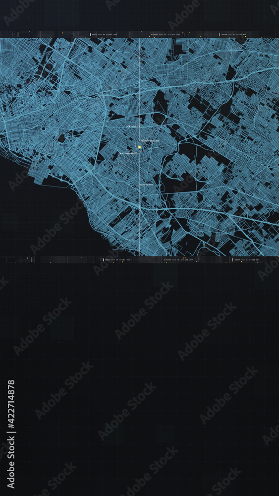 Poster Futuristic digital city map layout with satellite GPS coordinate searching and target tracking, interface head up display screen with data telemetry information for background display