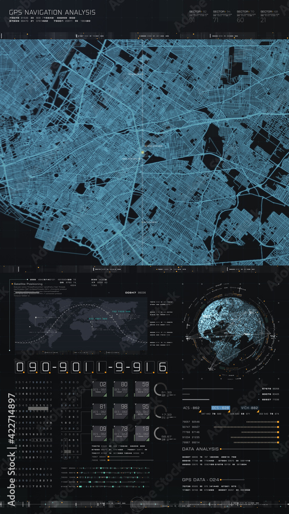 Poster Futuristic digital city map layout with satellite GPS coordinate searching and target tracking, interface head up display screen with data telemetry information for background display