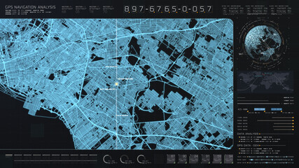 Futuristic digital city map layout with satellite GPS coordinate searching and target tracking, interface head up display screen with data telemetry information for background display
