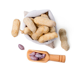 Boiled fresh organic beans or peanut with peel on white background.