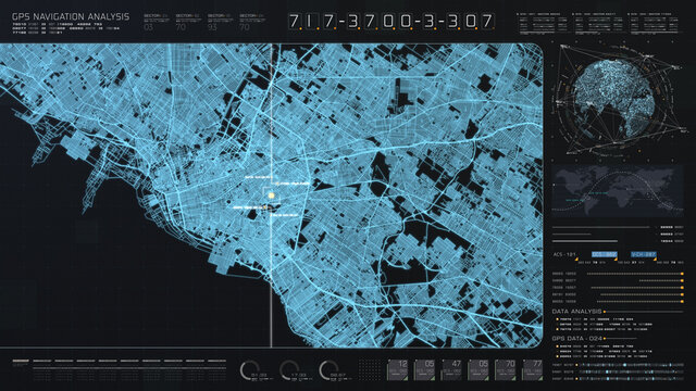 Futuristic digital city map layout with satellite GPS coordinate searching and target tracking, interface head up display screen with data telemetry information for background display