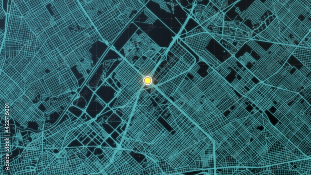 Aufkleber Futuristic digital city map layout with satellite GPS coordinate searching and target tracking, interface head up display screen with data telemetry information for background display