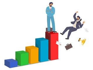 Businessman, office worker or employee falling down from bar chart, flat vector illustration. Business career collapse.