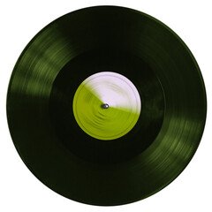 Black vinyl record backlit with green light. Isolated on a white background.