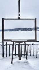 Russian Winter. picture frame installed on the banks of the Volga river in the city of Plyos