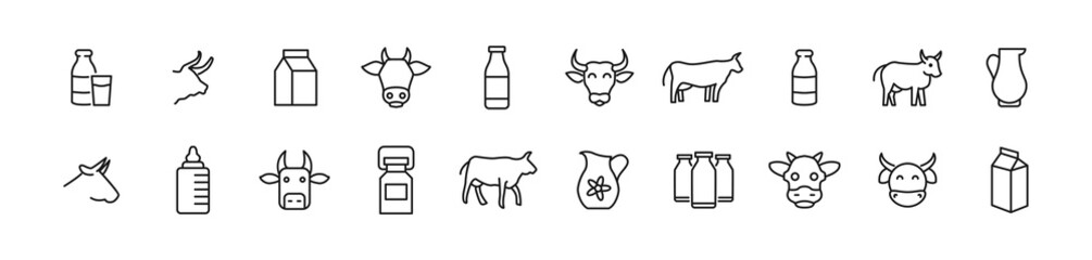 Line stroke set of cow and milk icons.