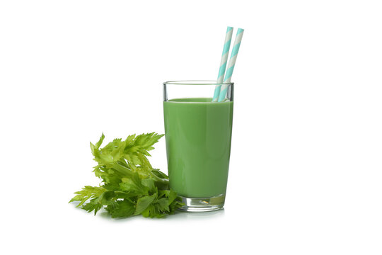 Glass Of Green Smoothie And Celery Isolated On White Background