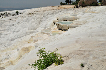 Travertines in Turkey. Calcite cliff of Pamukkale.
