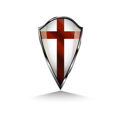 Colored shield or a peiece of armor with a cross. Idea for video games, for icon, for logo, for religion icon, for movie and cartoons, for medical logo, for historical emblems. Crusader's shield.