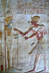 Mural depiciting the Egyptian King Seti I in front of god Osiris, Abydos, Egypt, Temple of Seti I