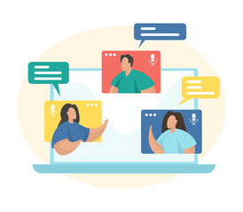 Video conferencing concept flat vector illustration. Team working by group video call. Remote working. Online meetup. Social networking