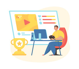 E-sport gamer streaming online game walkthrough. Male cartoon character holding game controller and playing on modern pc sitting in chair. Flat vector illustration