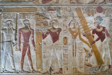Mural depiciting the Egyptian King Seti I performing ritual activities, Abydos, Egypt, Temple of...