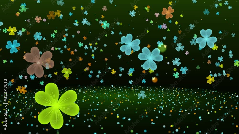 Poster rotating motion view green yellow blue shiny three leaf clover confetti shapes and glitter dust flyi