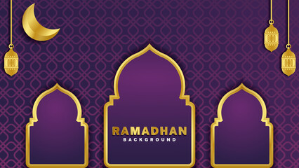 islamic background with mosque, moon, and lamp.