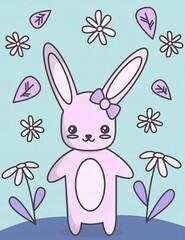 cute cartoon Easter bunny and flowers colorful illustration for greeting card	