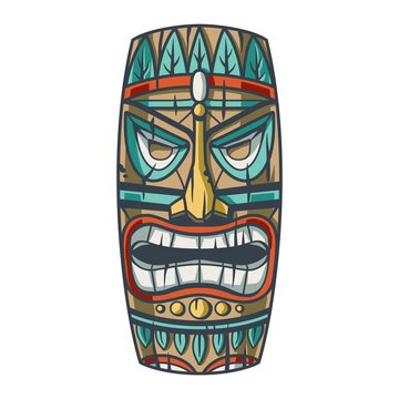 Trendy hawaii wooden tiki mask for surfing bar. Traditional ethnic idol of hawaiian, maori or polynesian. Old tribal totem