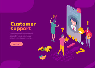Online customer support isometric landing page, web banner